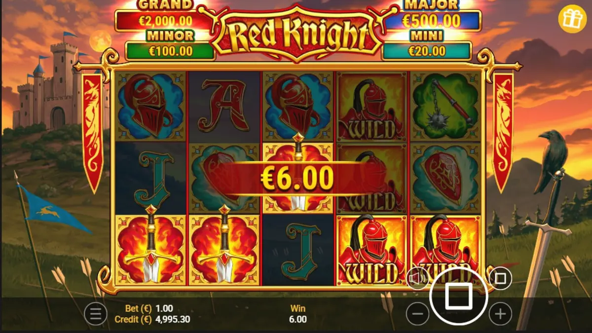 Layar permainan slot Red Knight menampilkan ksatria merah dengan latar belakang kastil yang menyala.